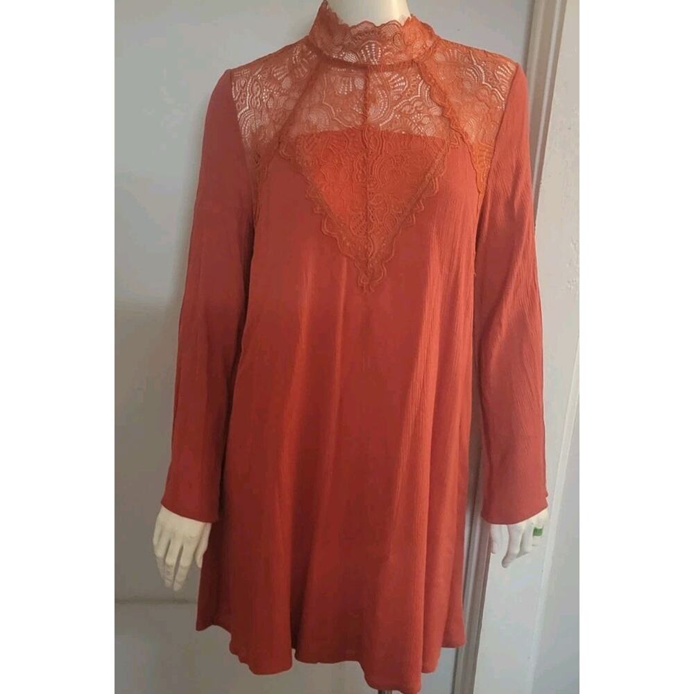 Love Shift Dress Womans Sz. S Long Sleeve Boho Lace Lined Rust Color NWT